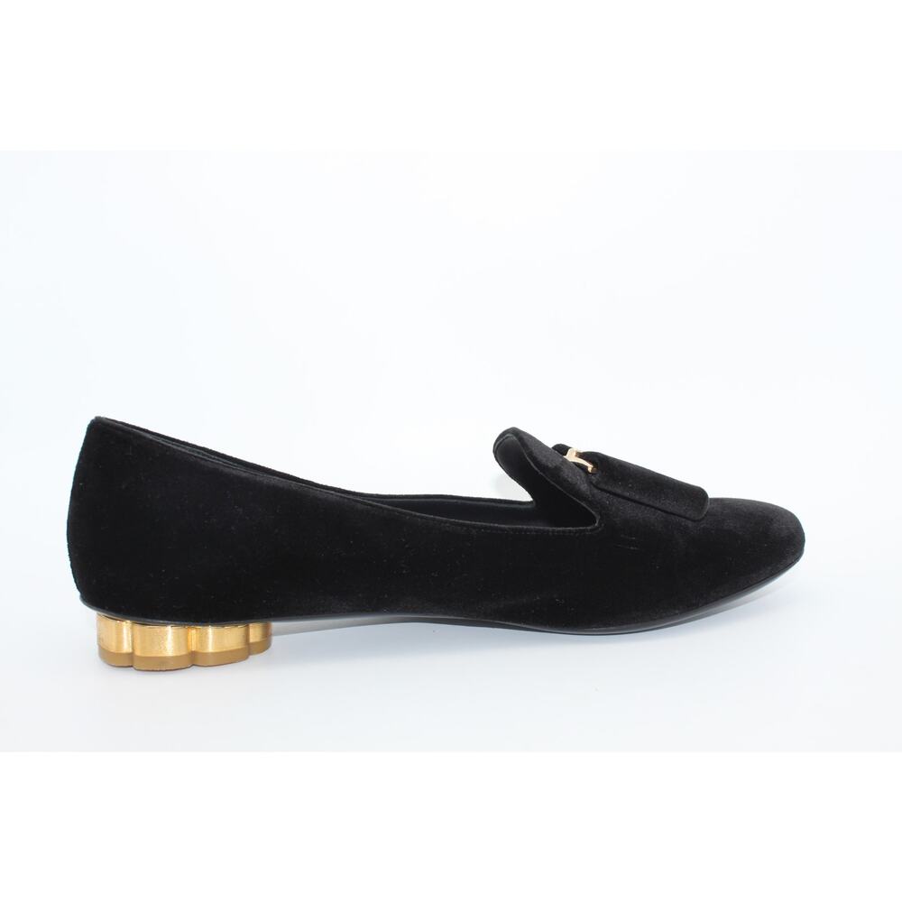 Salvatore Ferragamo Black Velvet Suede Gold Flats Flower Heel Shoes Size 8 - Picture 6 of 13